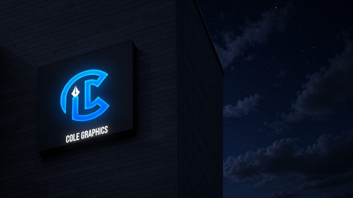 The same signage at night, the logo lit against a dark sky.