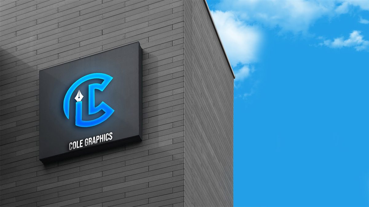 Cole Graphics logo — a blue C monogram with a pen nib — on exterior signage in daylight.