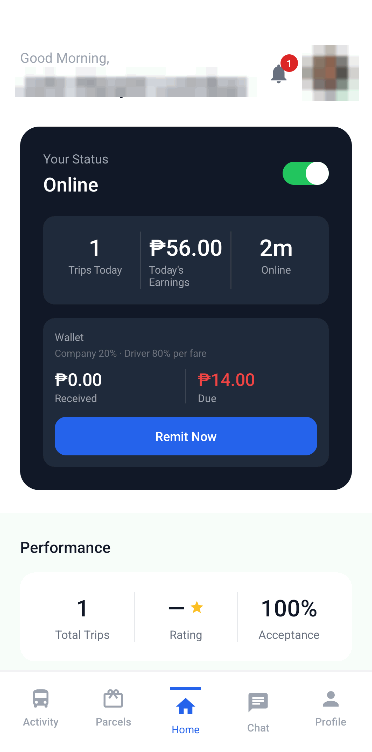 Driver home screen showing the wallet balance, the amount due for remittance and a Remit Now action.