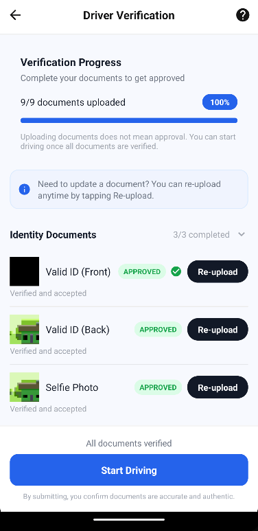 Driver verification screen: nine of nine documents uploaded, each ID approved, with a Start Driving action.