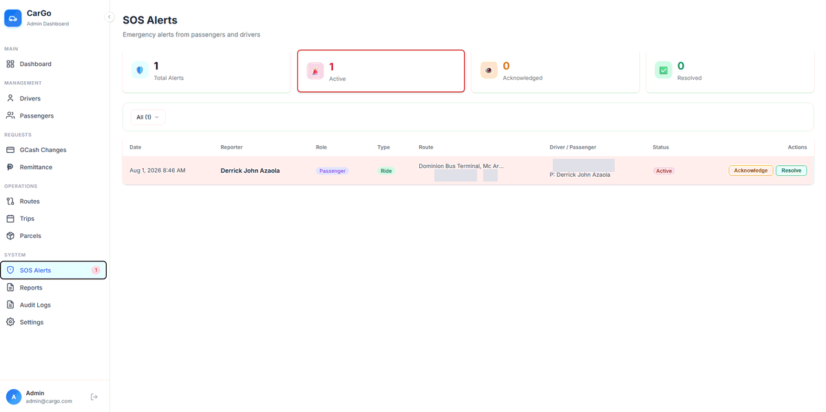 SOS alert queue in the web console, listing active emergency reports with their routes.
