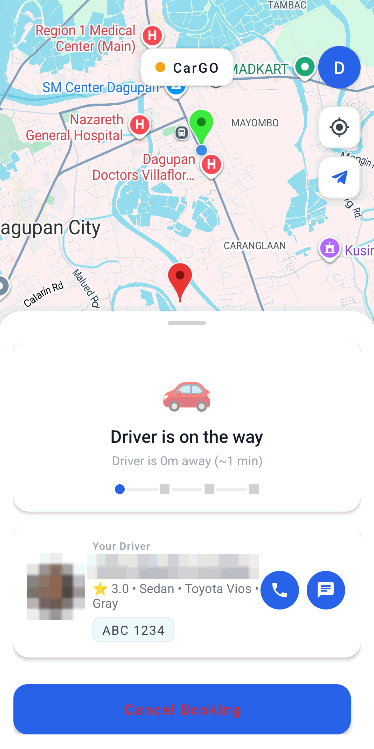 CarGO passenger app: a trip in progress, route drawn on the map with the assigned driver and vehicle below it.