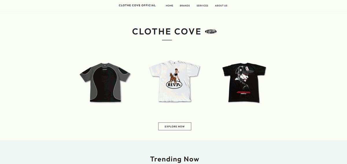 Clothe Cove landing page: the wordmark above three product shots, with an Explore Now button.