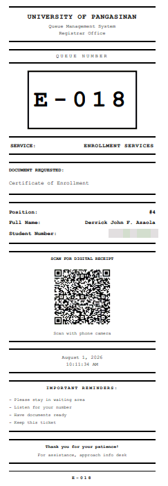 Printable ticket stub with the queue number, requested document, position and a QR code linking to the digital receipt.