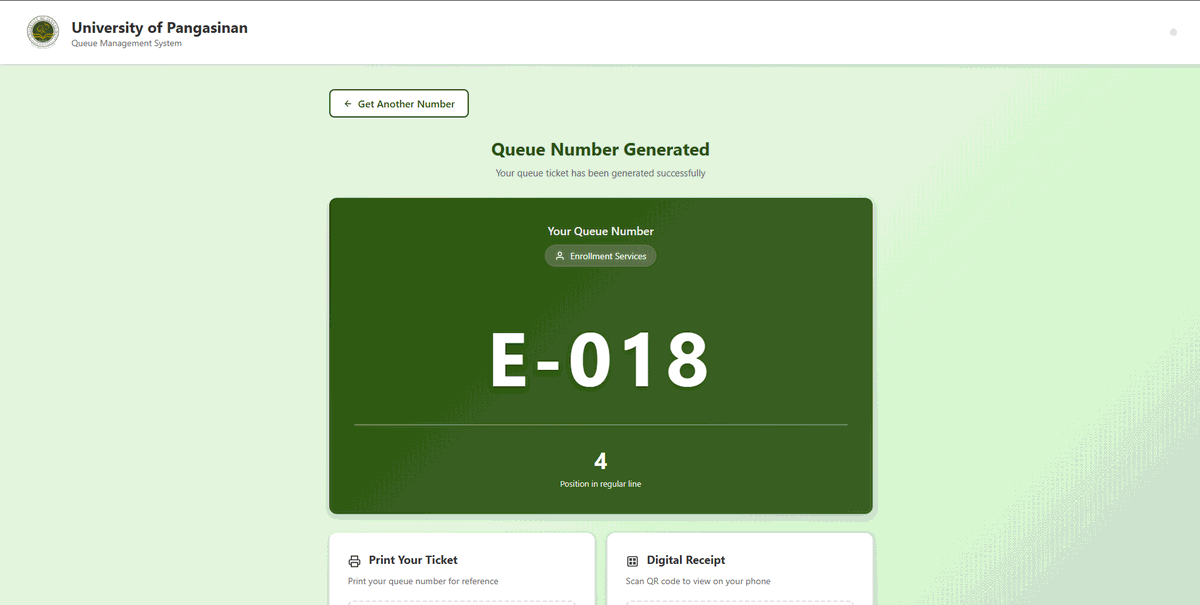 Generated queue ticket showing the number E-018 and the holder's position in the regular line.